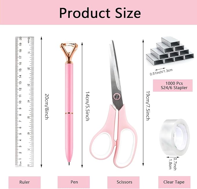 suniya Office Supplies,Desk Accessories,Tape Holder,Stapler,Scissor,Staple Remover,Box of Binder Clips,Staples,Ballpoint Pen,Sticky Notes,Clear Tape,Ruler,Office Supplies Set Pink