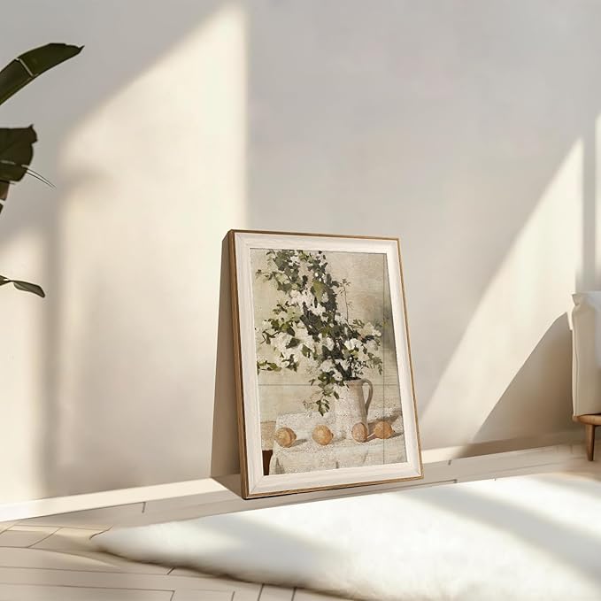ASTRDECOR Framed Vintage Wall Art, Farmhouse Wall Decor White Flowers Canvas Oil Painting, Vintage Kitchen Decor Floral Wall Art Lemon Botanical North Art Prints for Kitchen Bedroom - 12''x 16''