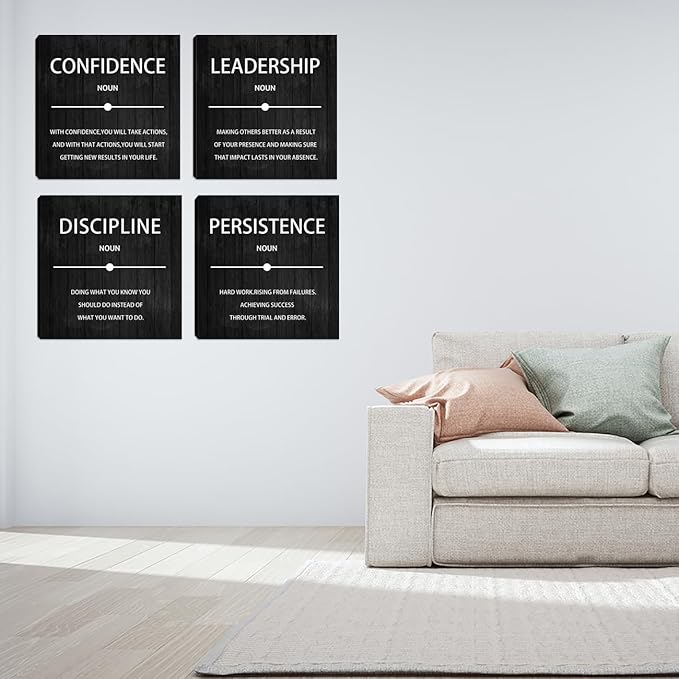 Halioyo 4 Pieces Inspirational Wall Art, Motivational Canvas Prints, Persistence Leadership Confidence Discipline Painting Poster for Living Room Bedroom Home Office Wall Decor, 16x16-inch