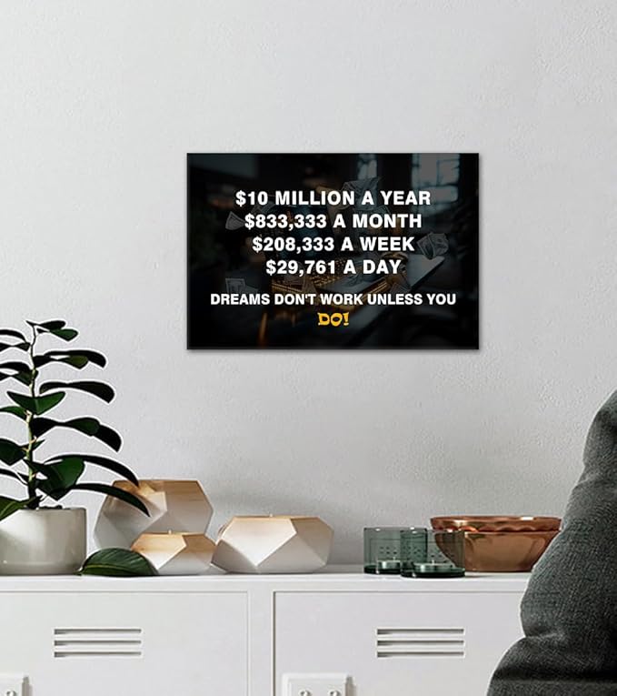 Motivational Financial Canvas Wall Art 10 Million Dollars a Year Inspirational Poster Money Dreams Entrepreneur Motivation Prints Wall Decor for Office Living Room Bedroom Easy to Hand 12x16inch