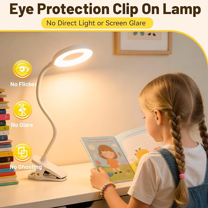 Clip on Reading Light for Bed Headboard, Rechargeable Battery with Large Clamp, 5 Colors & 5 Brightness Flexible Neck Desk Lamp, Eye Protection LED Touch Control Book Light for Kids, Bunk Bed, (White)