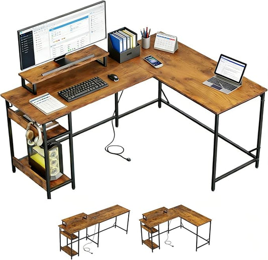 DEVAISE 55 Inch L Shaped Gaming Desk with LED Lights & Power Outlets, Corner Desk for Small Spaces, Sturdy PC Computer Table with Storage for Home Office, Rustic Brown