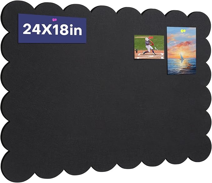 Scalloped Felt Bulletin Board, 24 x 18 Inches Pin Cork Board with 20 Pushpins - Decorative Cork Alternative for Wall, Foldable Picture Self Adhesive Vision Prayer Board - Black