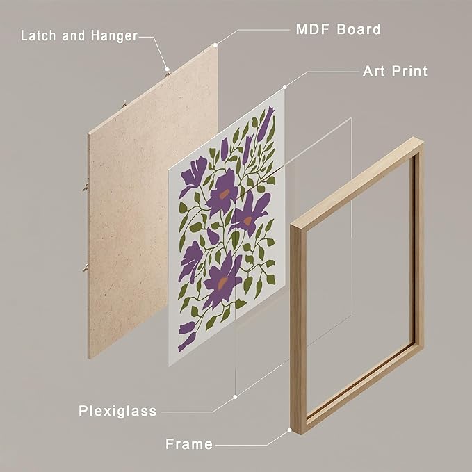 SIGNWIN Framed Poster Bathroom Decor, Wall Art Room Decor Multicolor for Living Room, Bedroom, Office Purple Female Portrait Lavender Flowers Vintage Illustrations Bohemian - 12"x16"x 8 Natural