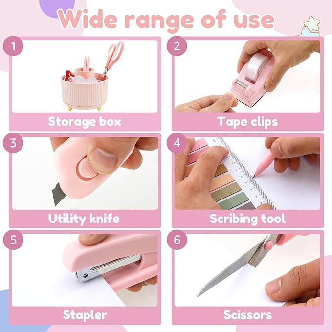 Office Supply Set, Practical Desk Accessories Set, Portable Desk Office Supply Sets Tape Dispenser, Convenient Offices Desks Accessories with 360° Pen Holder Staples Scissor for Offices Home Best Gift