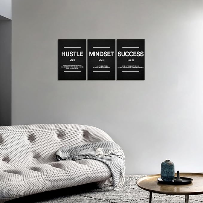 Hustle Wall Art Motivational Wall Decor Inspirational Mindset Quotes Pictures Posters 3 Pieces Framed Canvas Wall Art Prints Success Goal Artwork Home Office Wall Decor Ready to Hang