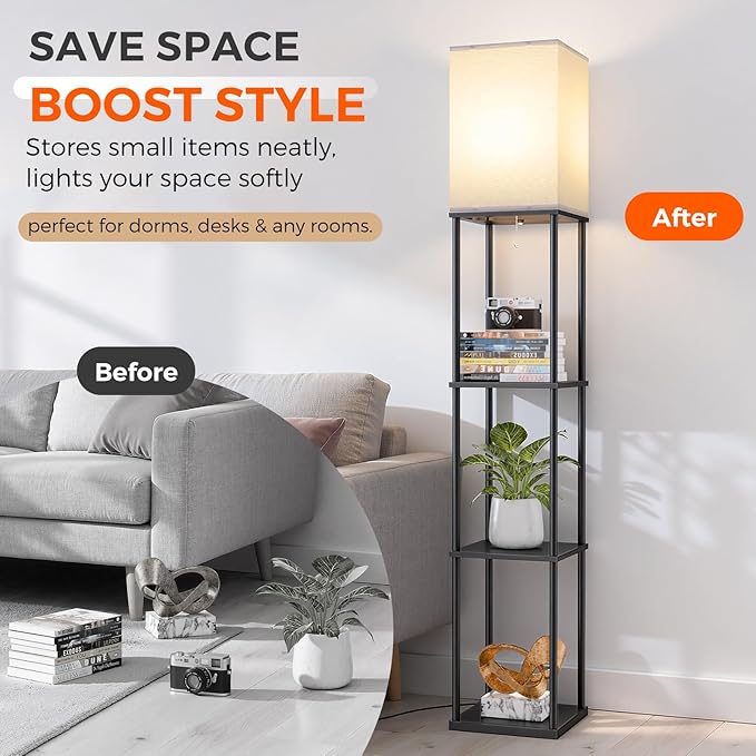 FOLKSMATE Floor Lamp with Shelves, 3-Tier Modern Square Bookshelf Floor Lamp, 3 Color Temperature Bulb Included, Black Floor Lamps for Living Room Bedroom Corner