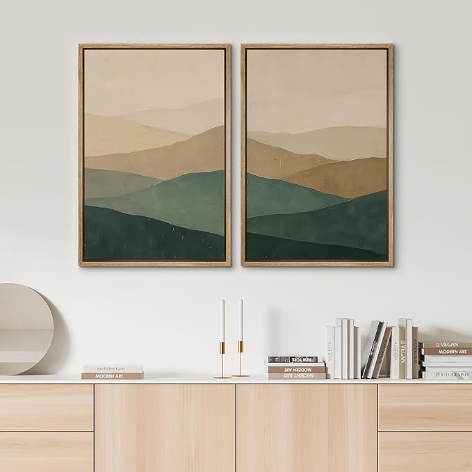 SIGNWIN Framed Canvas Print Wall Art Set Green and Beige Abstract Mountain Landscape Illustrations Modern Art Minimal Boho Relax/Calm for Living Room, Bedroom, Office - 16"x24"x2 Natural