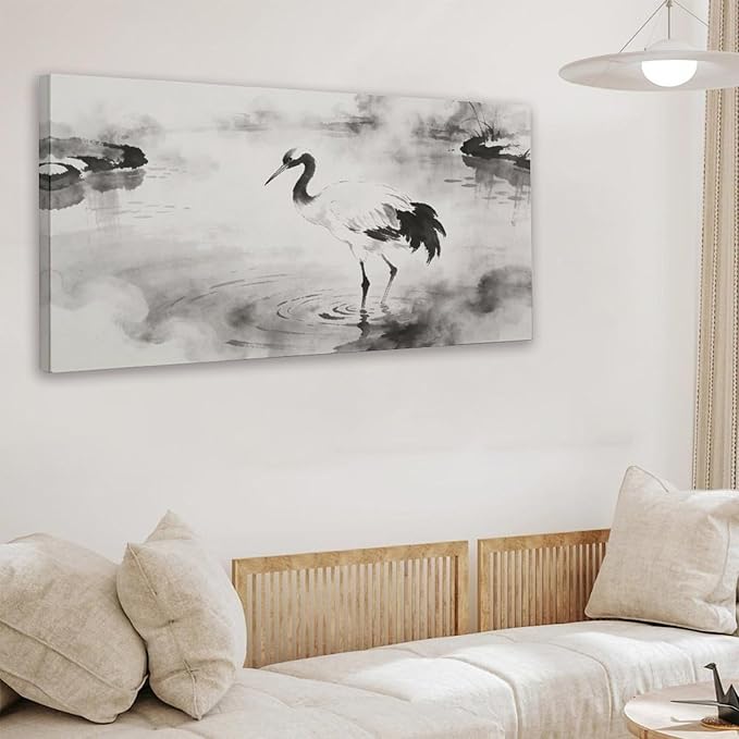 Black White Crane Framed Canvas Wall Art for Bathroom, Bird Wall Decor 40" L x 20" W