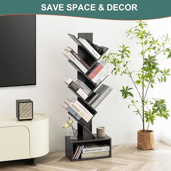 Yoobure Tree Bookshelf - 6 Shelf Retro Floor Standing Bookcase, Tall Wood Book Storage Rack for CDs/Movies, Utility Book Organizer Shelves for Bedroom, Living Room, Home Office, Dark Grey