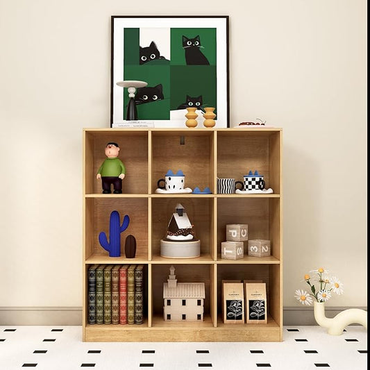 9-Cube Wooden Bookshelf with Base,3-Tier Freestanding Open Storage Organizer,Multi-Functional Bookcase for Living Room,Bedroom,Study and Office (Oak, 9-Cube)