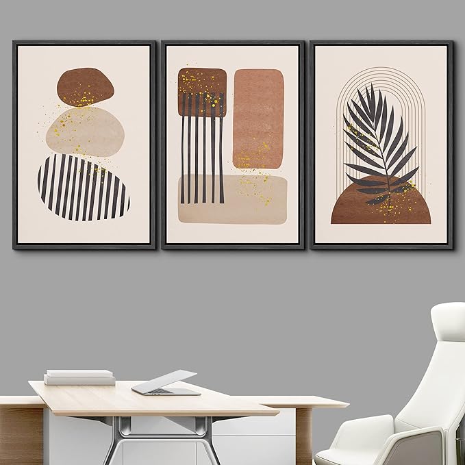 IDEA4WALL Framed Canvas Print Wall Art Set Geometric Mid-Century Pastel Polygon Tropical Leaf Abstract Shapes Illustrations Modern Art Nordic for Living Room, Bedroom, Office - 24"x36"x3 Black