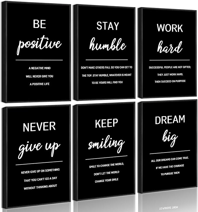 Drsoum Inspirational Office Framed Wall Art Motivational Wall Decor Quotes Encouraging Canvas Posters for Living Room Bedroom Sayings - 8” x10” x6 PCS Black Framed