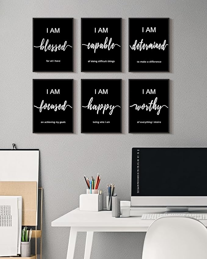 KUVIOKE Inspirational Wall Decor Motivational Quotes Framed Wall Art Encouraging Office Affirmations Sayings for Kids Classroom Bedroom Living Room Ready to Hang Set of 6, 11x14in (Black Framed)