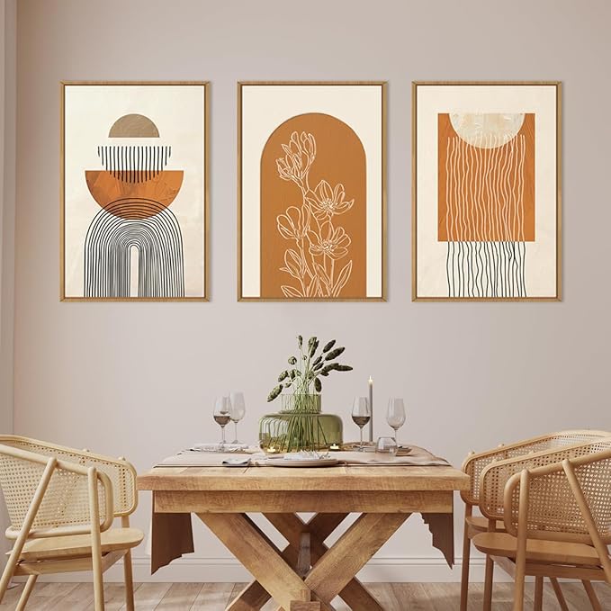 ANHUIB Large Boho Canvas Wall Art,Abstract Geometric Framed Wall Decor,Mid Century Modern Artwork,3 Piece 16x24In Beige Orange Painting for Living Room Bedroom,Office