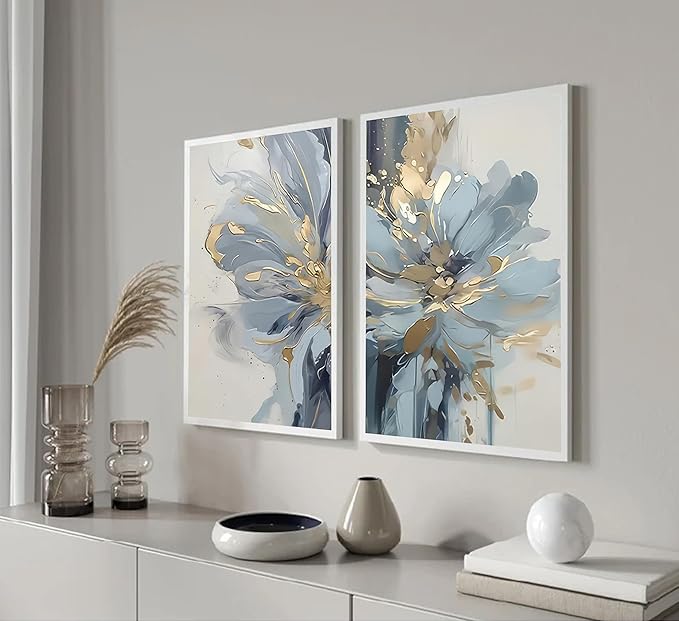 2Pcs Neutral Abstract Floral Canvas Wall Art Luxurious Light Blue Grey And Gold Flower Painting Pictures Wall Decor Poster Print Artwork for Living Room Bedroom Bathroom Home Decoration Unframed