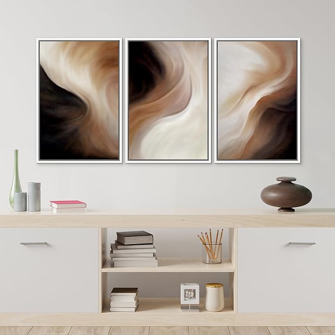 MUDECOR Framed Canvas Print Wall Art Abstract Neutral Brown and Beige Fluid Illustrations Realism Decorative for Living Room, Bedroom, Office - 16"x24"x3 White
