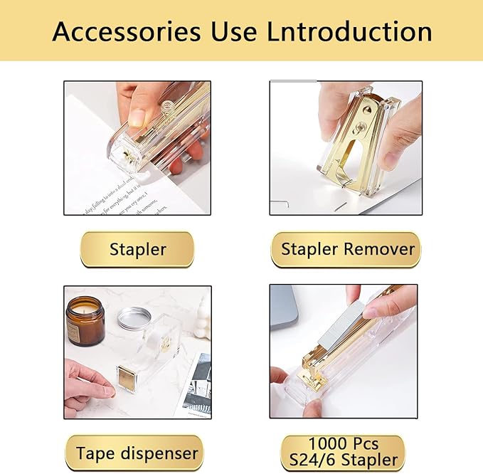 suniya Office Supplies,Desk Accessories,with Stapler,Tape Dispenser,Staple Remover,Scissor,Ballpoint Pen,Clear Tape,Staples,Binder,Best Gift Set(Gold)