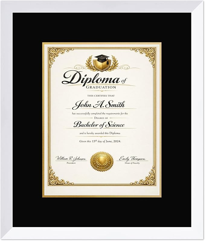 CountryArtHouse Diploma Frame Fits 10 x 13 College Diploma (Portrait Traditional) - Keepsake Graduation Disp Bright White Genuine Hardwood with Black Over Metallic Gold Double mat