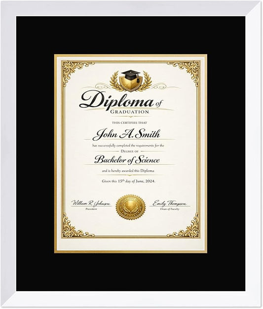CountryArtHouse Diploma Frame Fits 10 x 13 College Diploma (Portrait Traditional) - Keepsake Graduation Disp Bright White Genuine Hardwood with Black Over Metallic Gold Double mat