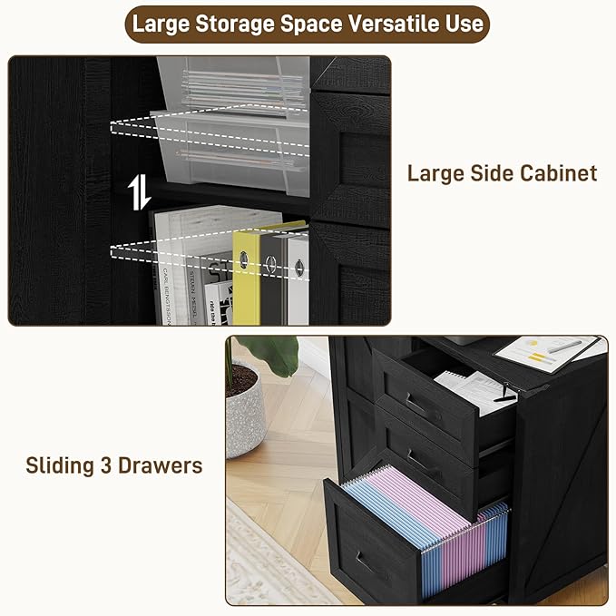 Farmhouse Lateral Filing Cabinet, Lateral File Cabinet with 3 Drawers and Storage Cabinet, Wooden Printer Stand with File Drawer for Letter/A4 Size Hanging File for Home Office, Rustic Black