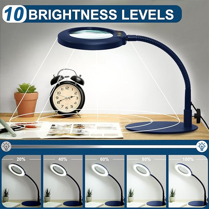 10X Magnifying Glass with Light, Real Glass Lens, 5 Color Modes Dimmable, Flexible Gooseneck Lighted Magnifier with Stand, LED Desk Lamp Hands Free for Crafts Painting Reading Close Work, Blue