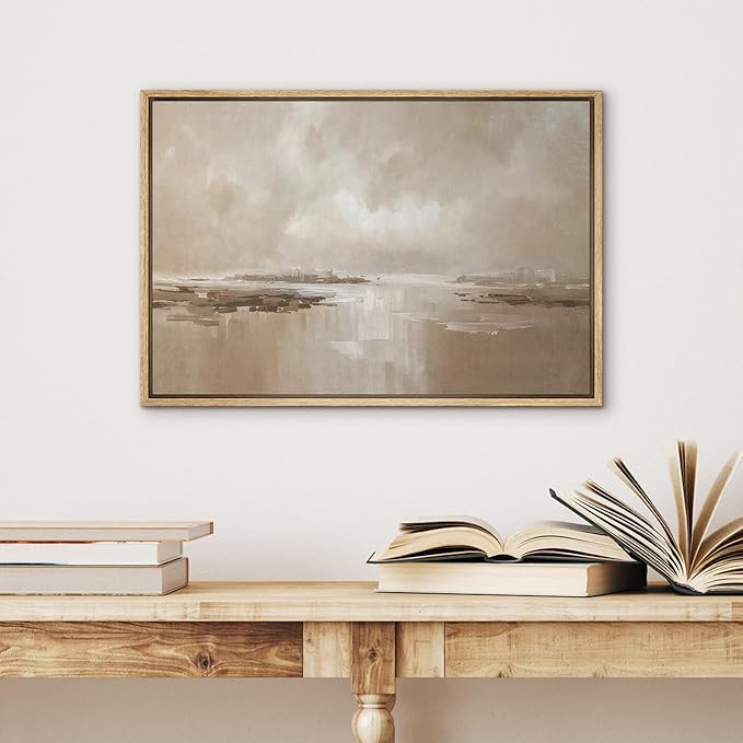SIGNWIN Framed Canvas Print Wall Art Calm Coastal Horizon in Warm Neutral Tones Panorama Illustrations Modern Decorative for Living Room, Bedroom, Office - 24"x36" NATURAL