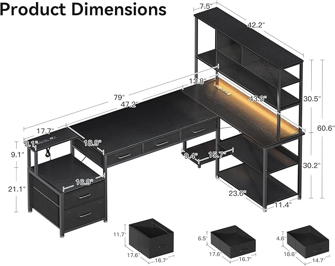 AODK 79 inch L Shaped Desk with 5 Drawers, Reversible L Shaped Gaming Desk with LED Light & 2 Power Outlets, Computer Desk with Storage Shelves for Home Office, Black