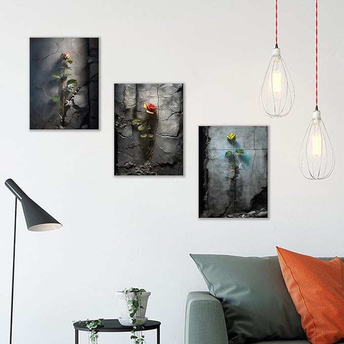 Retro Floral Canvas Wall Art Home Decor Roses in The Cracked Wall 3 Pieces Posters Print Vintage Theme Painting Artwork for Bedroom Bathroom Pictures Decoration Ready to Hang [36''W x 16''H]
