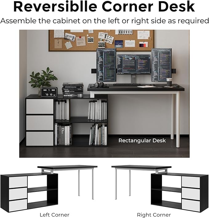 L Shape Computer Desk with 3 Drawers and 2 Shelves, Home Office Desk Corner Small Desk with Storage Cabinet for Writing Study Executive – Black and White