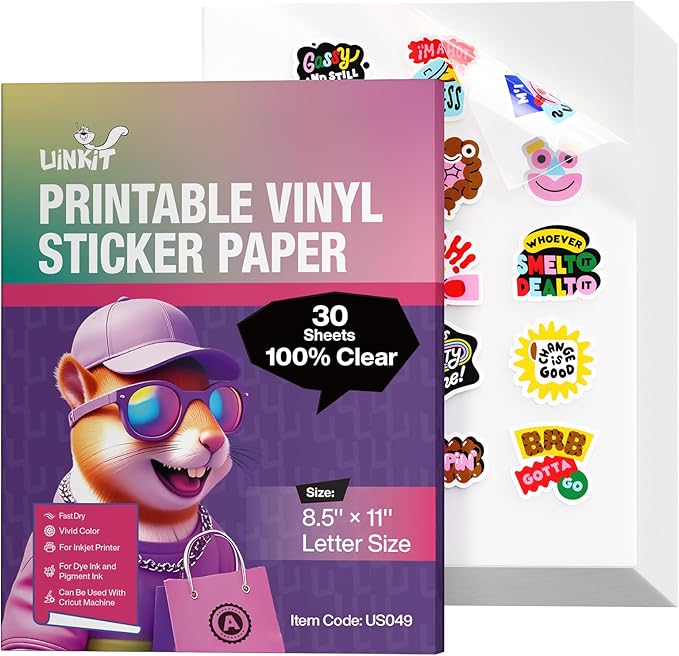 Uinkit 100% Clear Sticker Paper - Letter Size 8.5"x11" | Works with Inkjet Printers | Removable, Non-Yellowing & Waterproof | For Product Packaging, Glass Jars & Invisible Branding | 30 Sheets