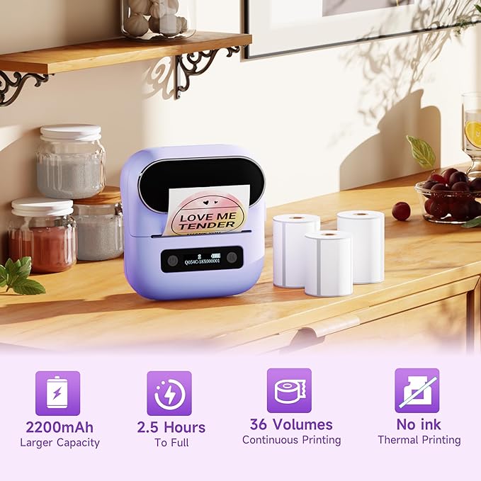 M220 Bluetooth Label Maker, Sticker Maker Support Printing 0.78-3.14 inch, Mini Thermal Printer for Small Business & Home，Portable Printer Compatible with Smartphone and PC （Purple）