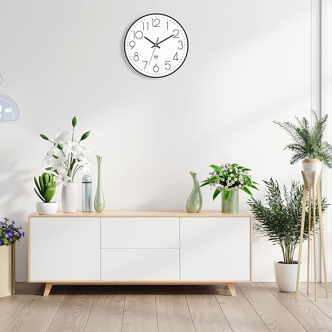 Foxtop Atomic Wall Clock Battery Operated Round Analog Modern Black Wall Clock Sets Automatically for Office Classroom Bedroom Kitchen Living Room