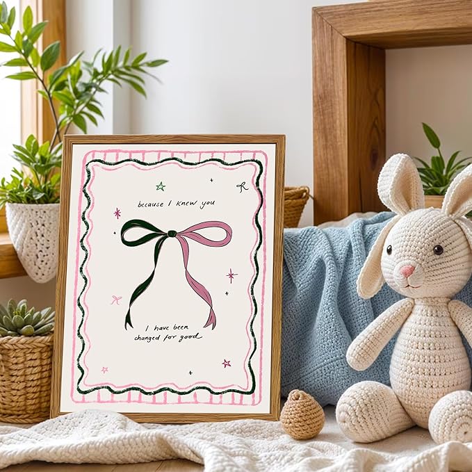 Framed Pink Bow Wall Art, Coquette Preppy Canvas Wall Decor Pictures, Trendy Inspirational Quote Paintings Prints Girly Home Decor Aesthetic for Girls Room Bedroom Dorm 16x24 inch