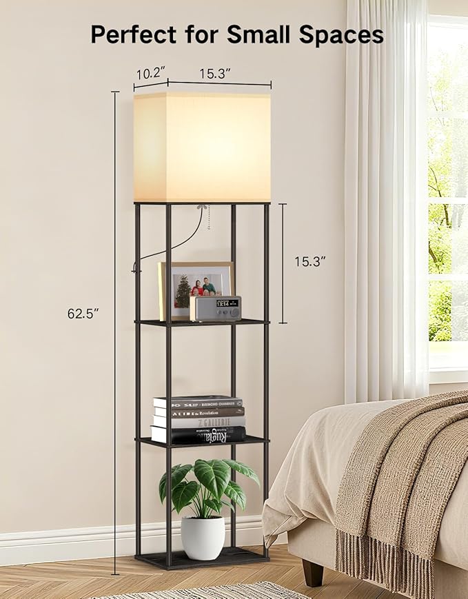 OUTON Floor Lamp with Shelves, Modern Large Size Rectangle Standing Shelf Lamp with 3 Color Temperature Bulb, Storage Display Wood Column Tall Bookshelf Lamp for Living Room, Bedroom Office, Black