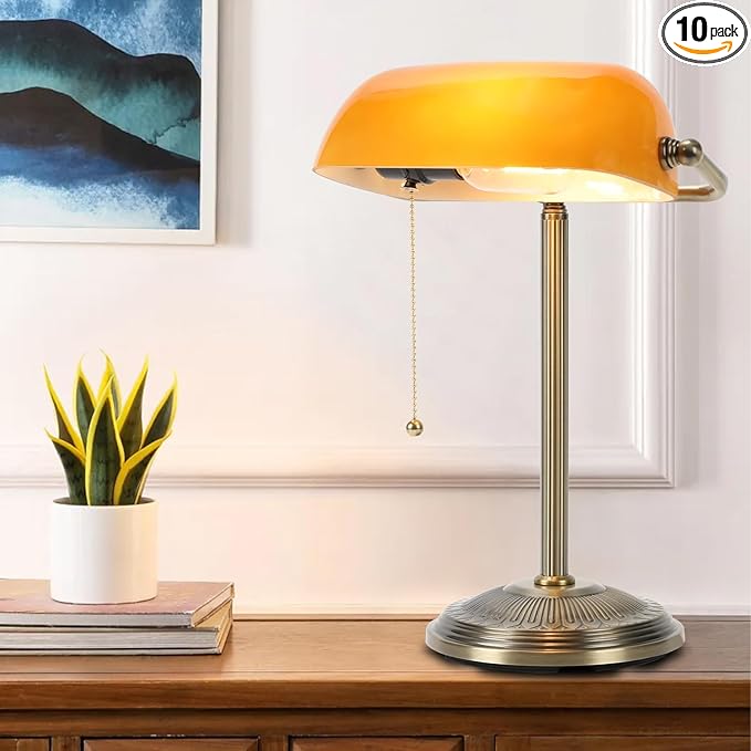 NISSAFORS Bankers Desk Lamp, Amber Glass Shade, Vintage Desk Lamp with Pull Chain Switch, Retro Table Lamps for Home Office (Brass+Amber, Small)