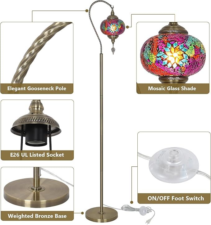 Turkish Moroccan Floor Lamp, Swan Neck Tiffany Lamp with Handmade Mosaic Glass Shade, Bronze Base, 65" Tall Standing Lamps for Living Room Bedroom Home Decor Light, Colorful
