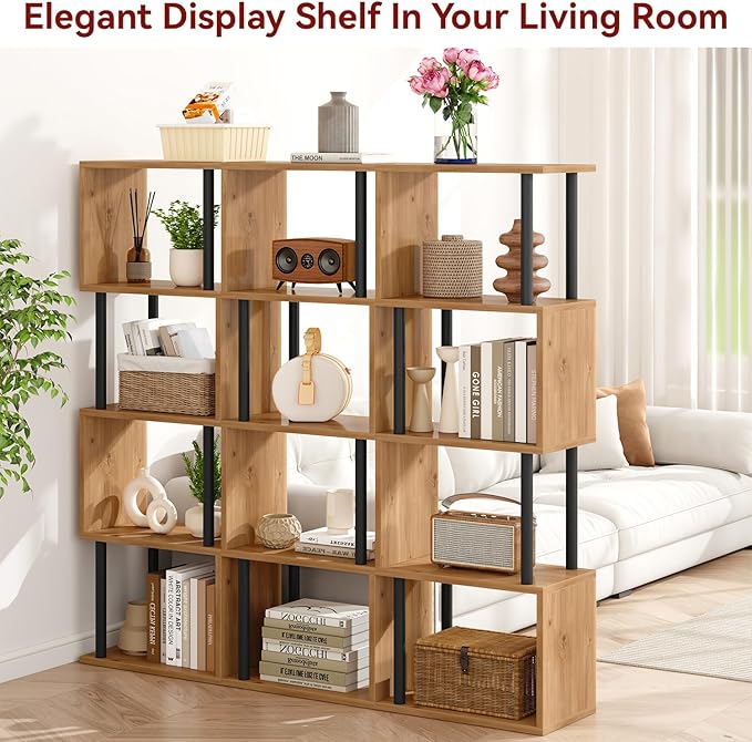 IBUYKE 5-Tier Tall Bookshelf,S-Shaped Geometric Bookcase, Wood Display Shelves with Storage,Modern Bookshelf for Living Room Bedroom, Home Office,Oak WBC015K