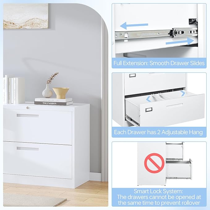 2 Drawer Lateral File Cabinet with Lock, Metal Filing Cabinets for Home Office, Wide Locking File Caninets, White Office Storage Cabnet for Hanging Letter/Legal / A4 / F4 - Assembly Required
