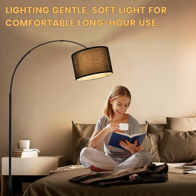 Black Arc Floor Lamp, Modern Standing Floor Lamp with Adjustable Head & Fabric Drum Shade, Over Couch Reading Light for Living Room, Bedroom, Office, Study Room