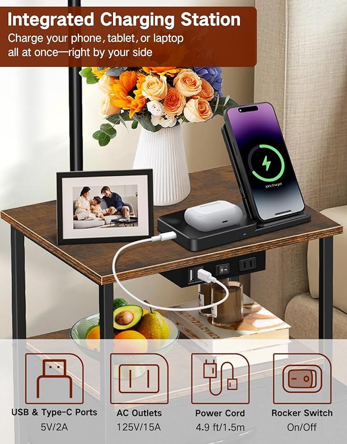 Floor Lamp with Table, 2 Drawers & Remote, Side End Table with Charging Station, Dimmable Nightstand with 3 Color Temperature, 1-Hour Timer, 12W LED Bulb, for Living Room, Bedroom