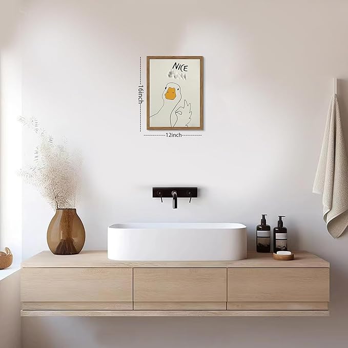 Framed Funny Duck Bathroom Wall Art, Humorous Canvas Wall Decor Painting, Minimalist Farmhouse Cute Goose Animal Print Posters Pictures for Bathroom Restroom 12x16 Inch