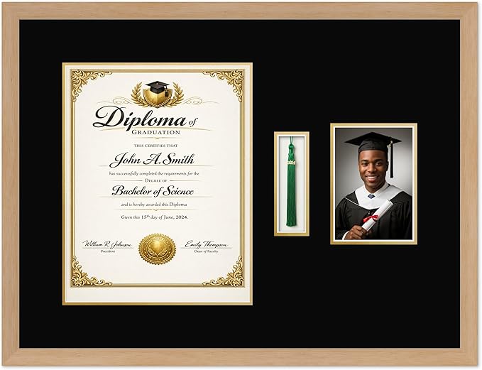 CountryArtHouse Diploma Tassel and Photo Shadowbox Fits 11 x 14 College Diploma (Portrait) with Tassel Hoo Natural Wood Genuine Hardwood with Black Over Metallic Gold Double mat