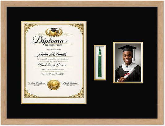 CountryArtHouse Diploma Tassel and Photo Shadowbox Fits 11 x 14 College Diploma (Portrait) with Tassel Hoo Natural Wood Genuine Hardwood with Black Over Metallic Gold Double mat