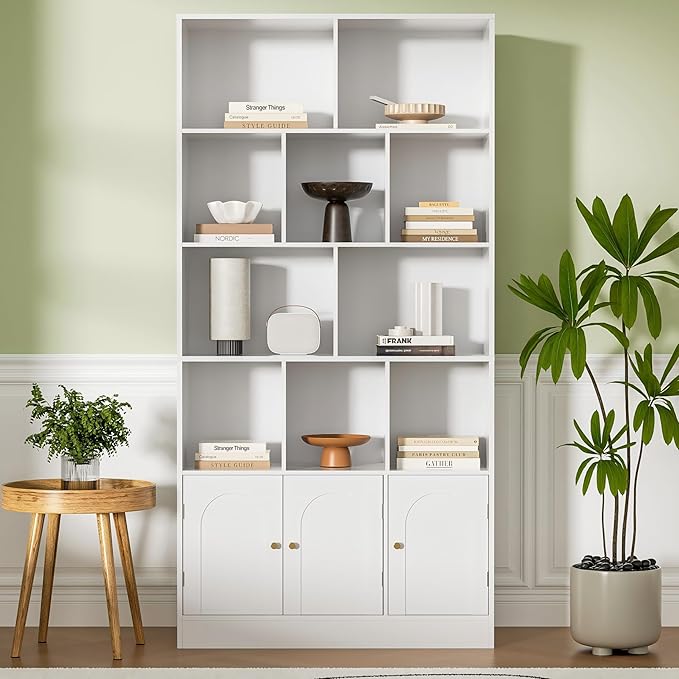 71" Tall Bookshelf with 10 Cubes and 3 Doors, 4-Tier Bookshelf, Open Shelf Bookcase with Cabinet, Modern Cube Storage Organizer for Living Room, and Office, White