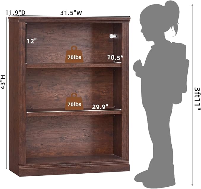 43" Walnut Tall Bookshelf Set of 3,3-Tier Thick Wooden Book Shelf with Adjustable Shelves,Free Standing Farmhouse Bookcase with Open Display Storage,Floor Vintage Bookshelves for Living Room