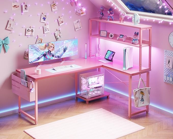 ODK 53 Inch L Shaped Desk with LED Lighting, Reversible Gaming Desk with Power Outlets, Cornor Computer Table with Storage Shelves & Bag & Iron Hook, Home Office Table for Writing, Study, Pink