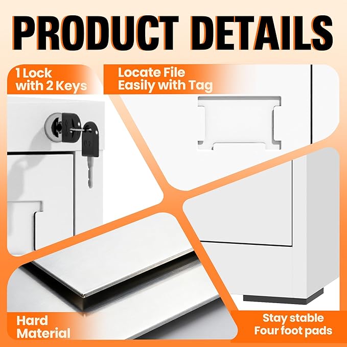 3 Drawer File Cabinet with Lock, Metal Filing Cabinet for Home Office, Vertical File Cabinet for Letter/Legal/A4/F4 Documents, Easy to Assemble Steel Storage Cabinet