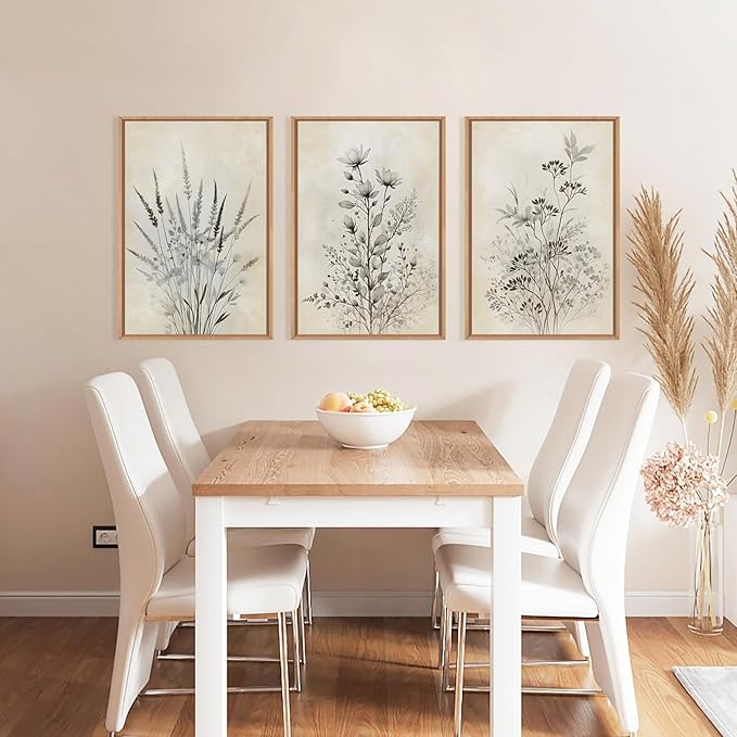 Large Neutral Flower Botanical Framed Canvas Wall Art,Boho Wildflowers Ink Wall Decor,Vintage Bouquet Wall Painting,Nature Artwork for Living Room,Bedroom,Dining Room,Office -24"x36"x3