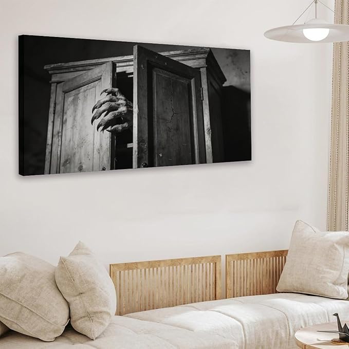 Gothic Door Framed Canvas Wall Art for Bedroom, Black White Moody Wall Decor 48" L x 24" W